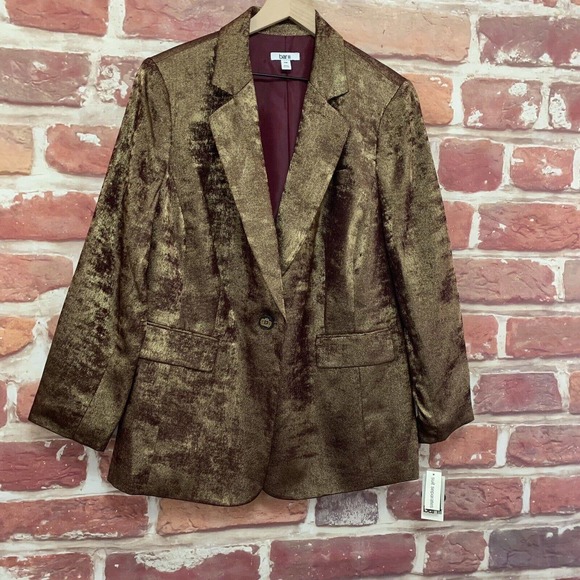 Bar III Blazer Women’s Size 14W Gold Burgundy Red Burnished Metallic Jacket - Picture 2 of 10